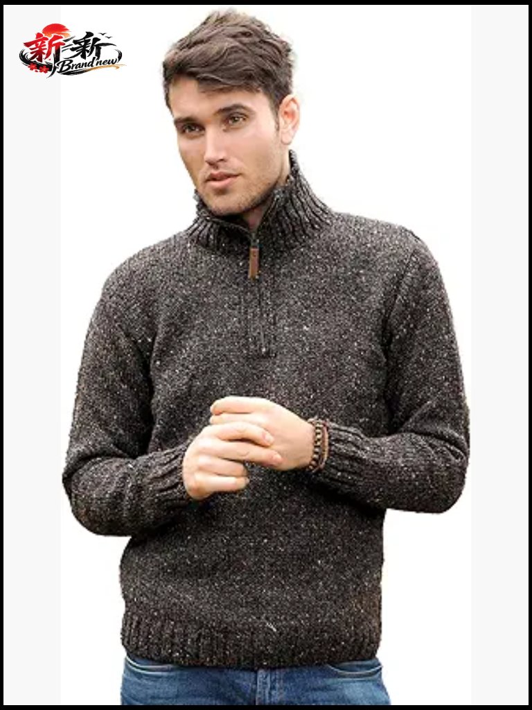 Men's Irish Cable Knit Half Zip Sweater 100% Donegal Wool Pullover